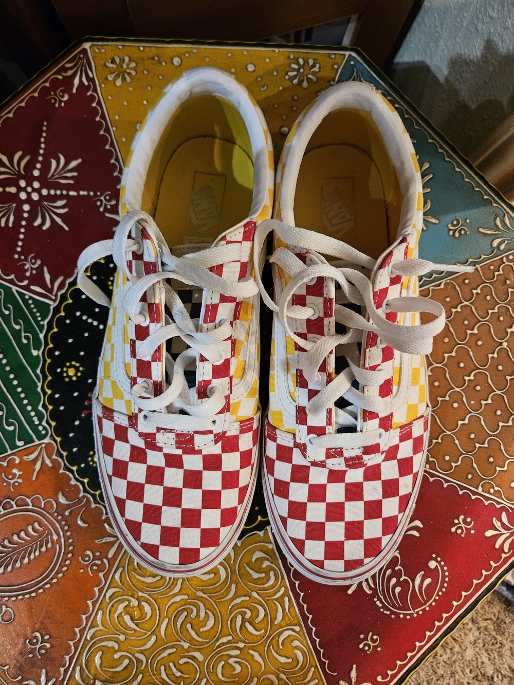 Checkerboard Lace-Up Vans in Red, Yellow, And Blue